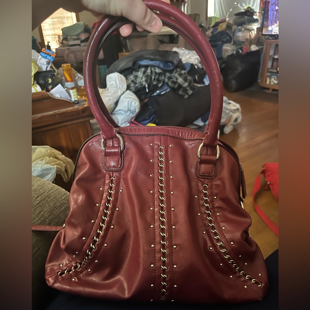 Nine West Wine Red Studded Chain-Trim Satchel